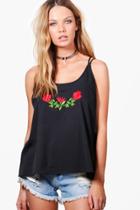 Boohoo Poppy Woven Floral Embroidered Cami Black