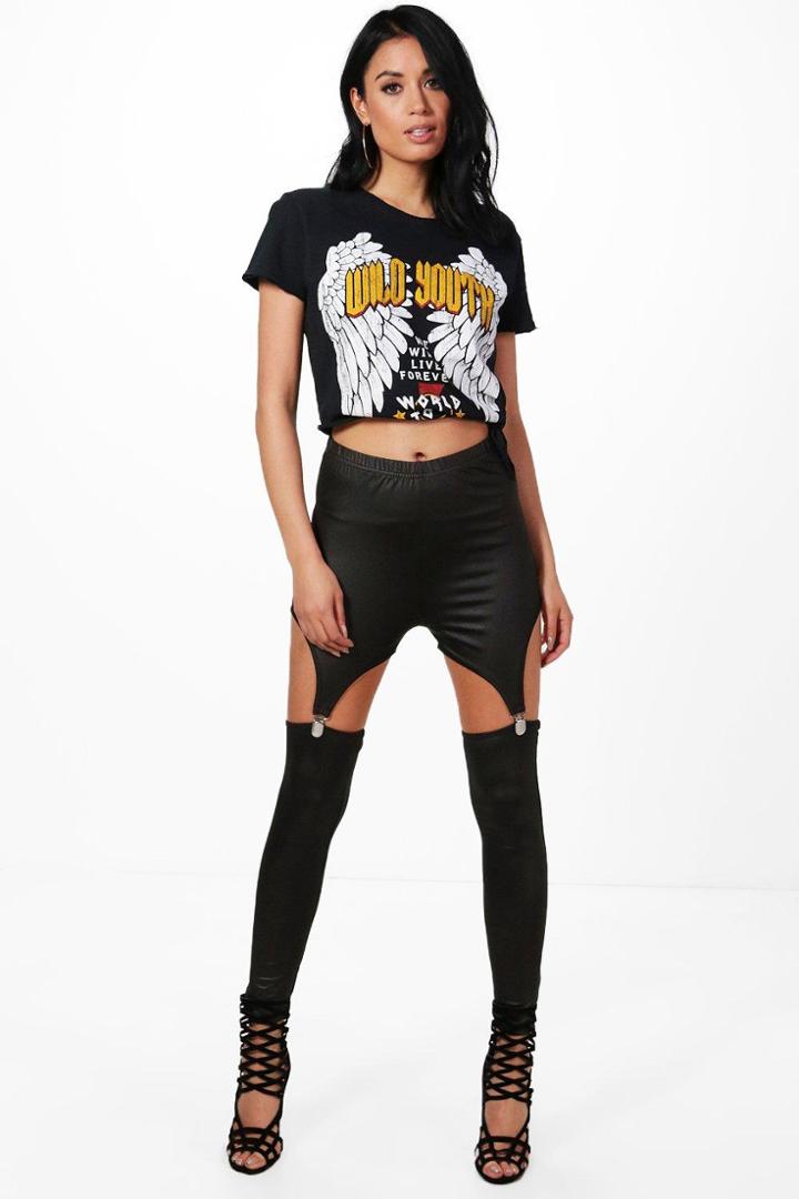 Boohoo Roxy Wet Look Suspender Leggings Black