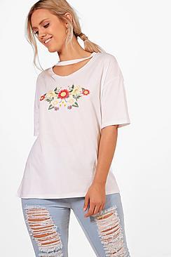 Boohoo Plus Bella Embroidered Choker T-shirt