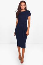 Boohoo Eva Pleat Front Belted Tailored Midi Dress Navy