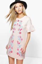 Boohoo Ruth Printed Embroidery Bell Sleeve Shift Dress Peach