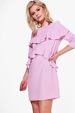 Boohoo Rylie Ruffle Front Shift Dress