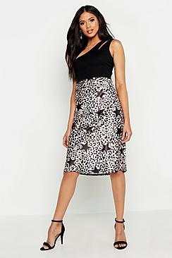 Boohoo Tall Star And Leopard Print Midi Skirt