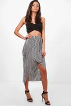 Boohoo Tall Brea Wrap Front Pleated Stripe Midi Skirt Multi