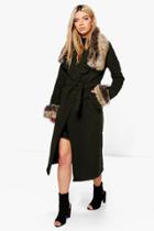 Boohoo Mya Faux Fur Collar And Cuff Coat Khaki