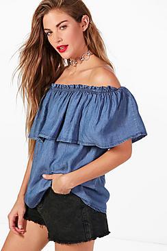 Boohoo Cass Denim Off The Shoulder Top