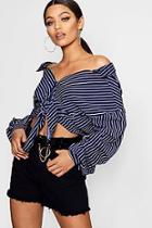 Boohoo Ivy Stripe Ruched Sleeve Tie Front Shirt