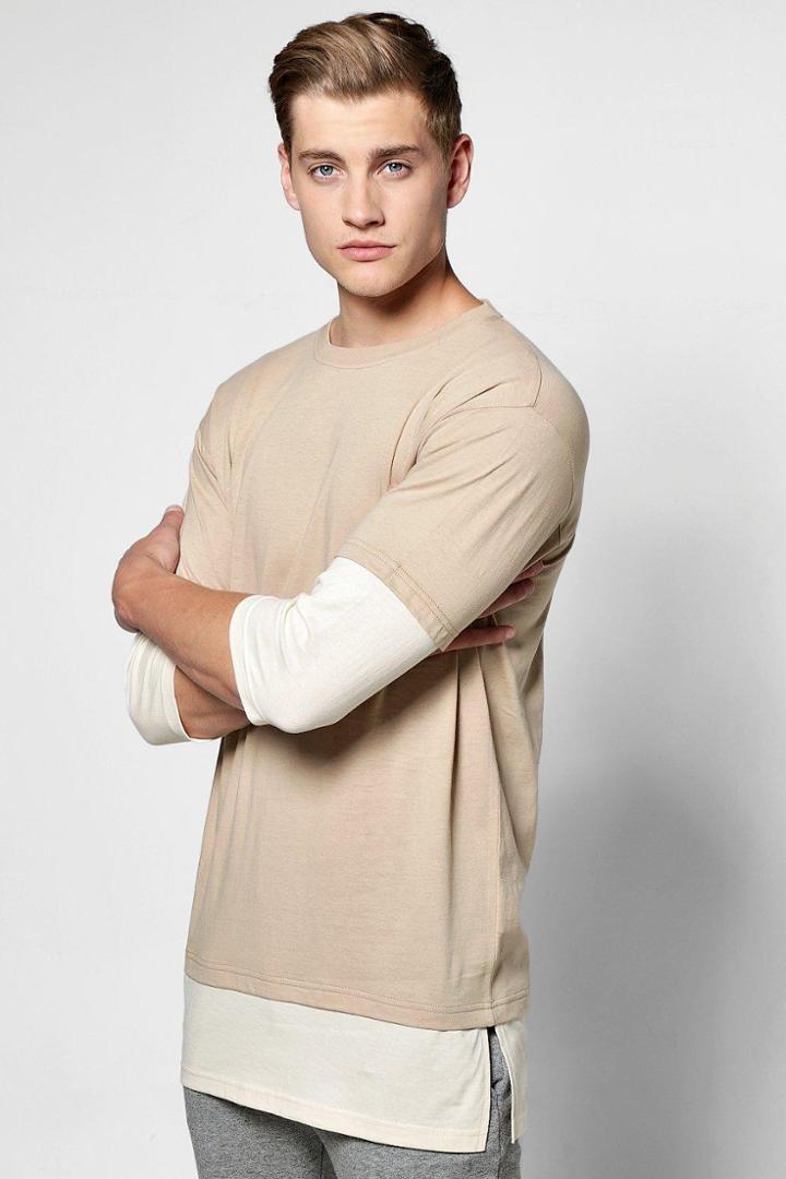 Boohoo Faux Layer 3/4 Sleeve T Shirt Taupe