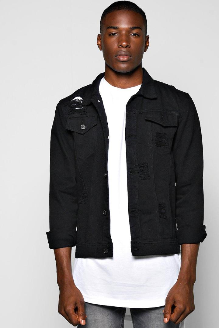Boohoo Black Jean Jacket With Abrasions Black