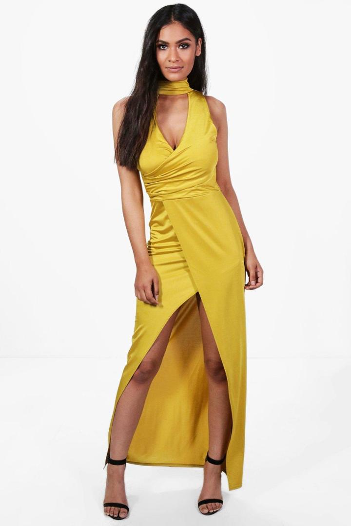 Boohoo Sally Choker Wrap Detail Maxi Dress Chartreuse