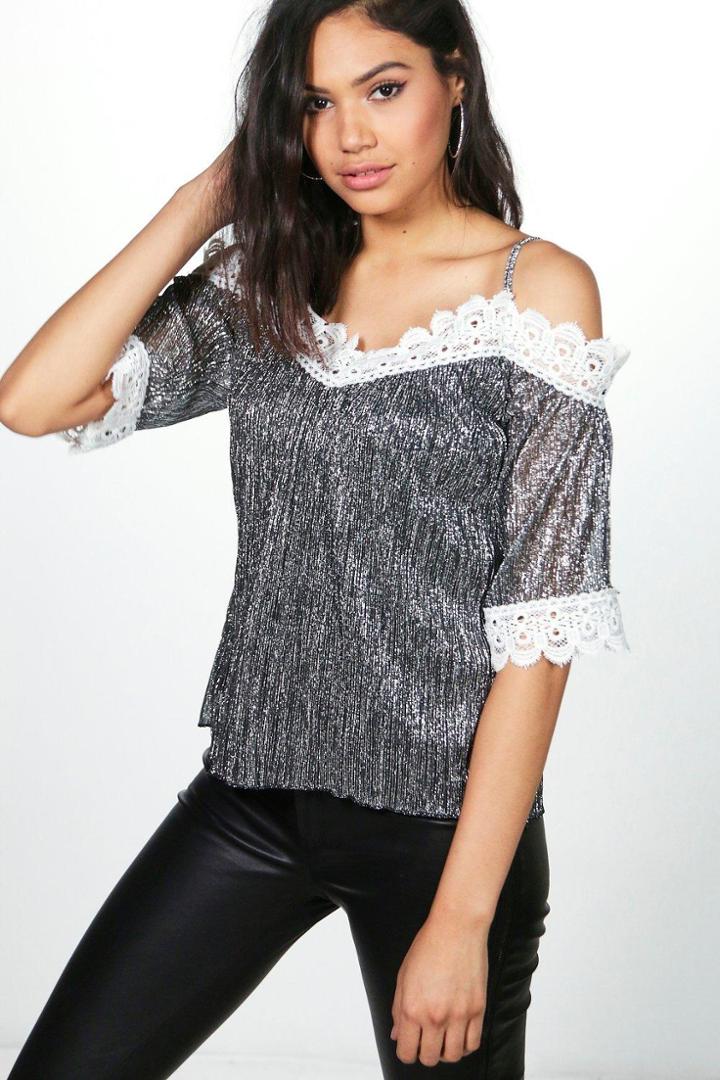 Boohoo Alice Lace Trim Metallic Top Grey