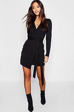 Boohoo Petite Utility Pocket Wrap Front Dress