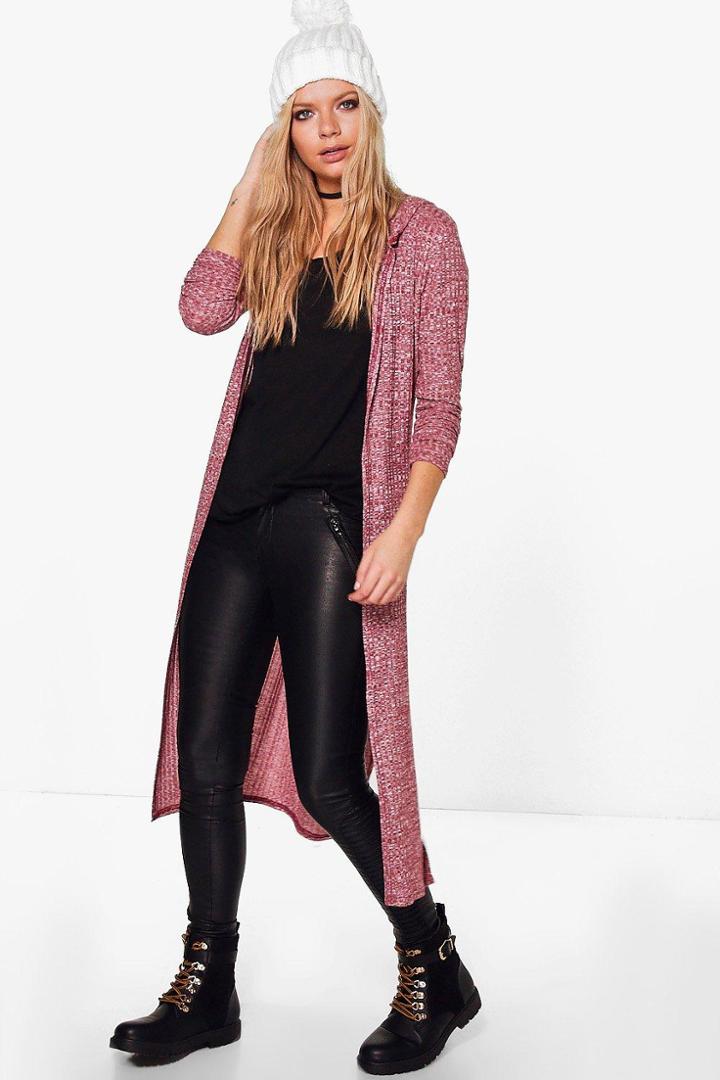 Boohoo Heidi Side Split Hooded Cardigan Wine