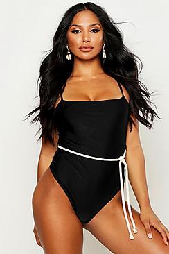Boohoo Square Neck Rope Waist Belt Swimsuit
