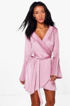 Boohoo Daria Slinky Flared Sleeve Wrap Skater Dress Lotus