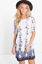 Boohoo Hayley Paisley Boarded Cold Shoulder Shift Dress White