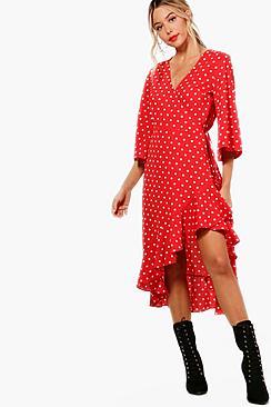 Boohoo Fluted Sleeve Wrap Ruffle Hem Tea Dress
