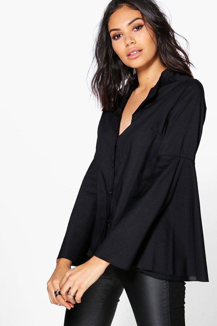 Boohoo Libby Flare Sleeve Woven Shirt Black