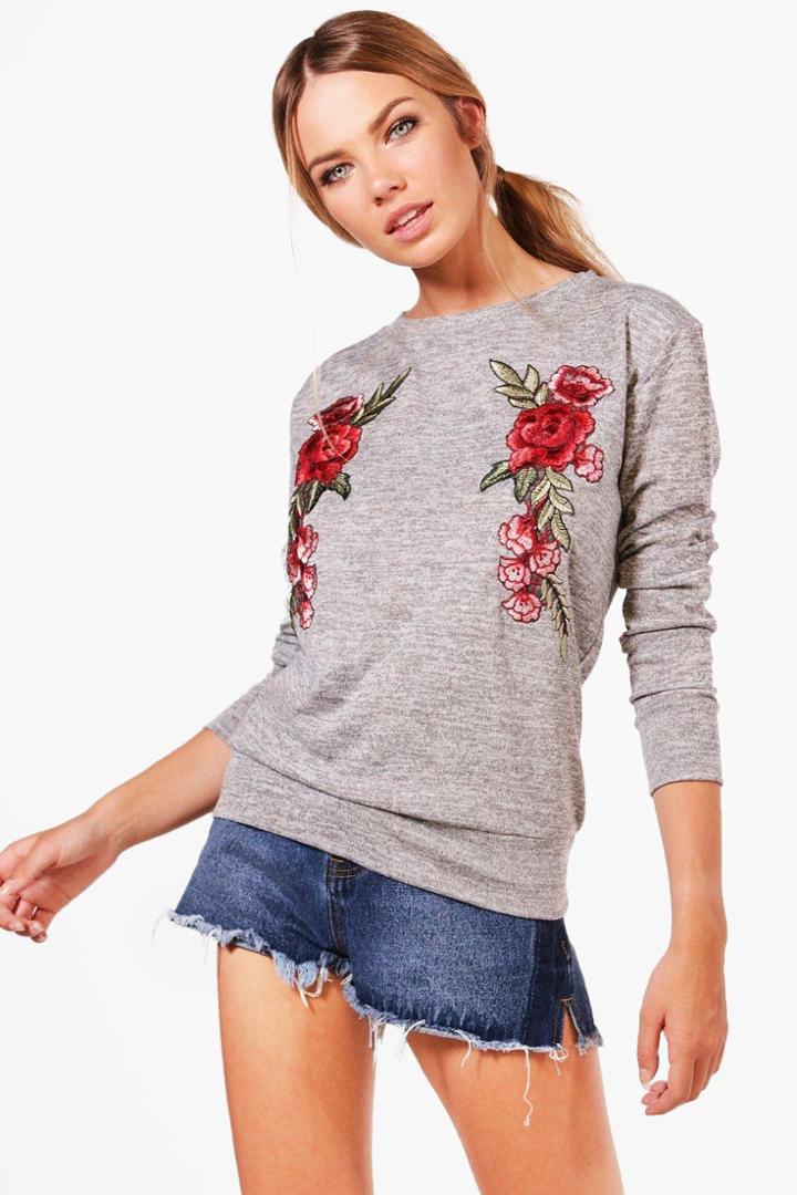 Boohoo Jenny Floral Embroidered Jumper Grey