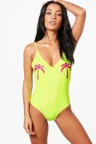 Boohoo Hawaii Palm Placement Scoop Back Bathing Suit Lime