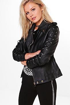 Boohoo Ashleigh Lace Up Sleeve Faux Leather Biker Jacket