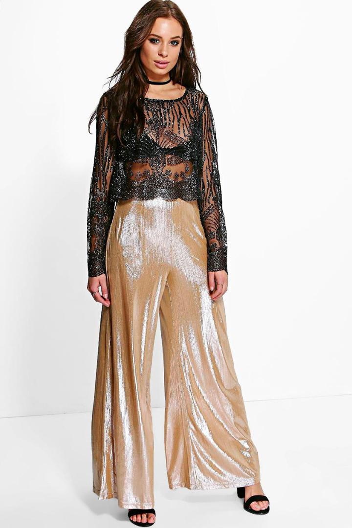 Boohoo Nova Metallic Wide Leg Trousers Gold