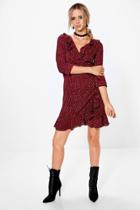 Boohoo Maeve Ruffle Spot Wrap Tea Dress Berry