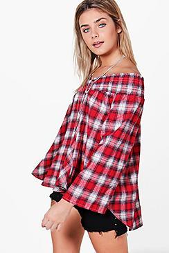 Boohoo Stella Check Shirred Bardot Swing Top