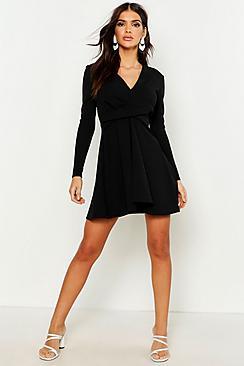 Boohoo Long Sleeve Plunge Neck Skater Dress