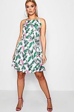 Boohoo Plus Betsy Palm Print Ruffle Skater Dress