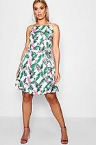 Boohoo Plus Betsy Palm Print Ruffle Skater Dress