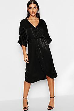 Boohoo Kimono Sleeve Hammered Satin Midi Dress