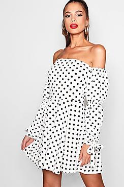 Boohoo Kassie Spot Print Blouson Sleeve Skater Dress