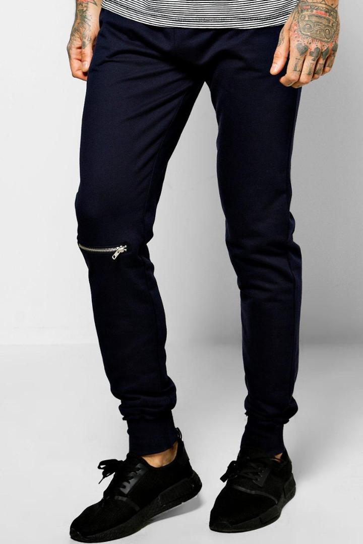 Boohoo Skinny Fit Joggers With Knee Zip Navy