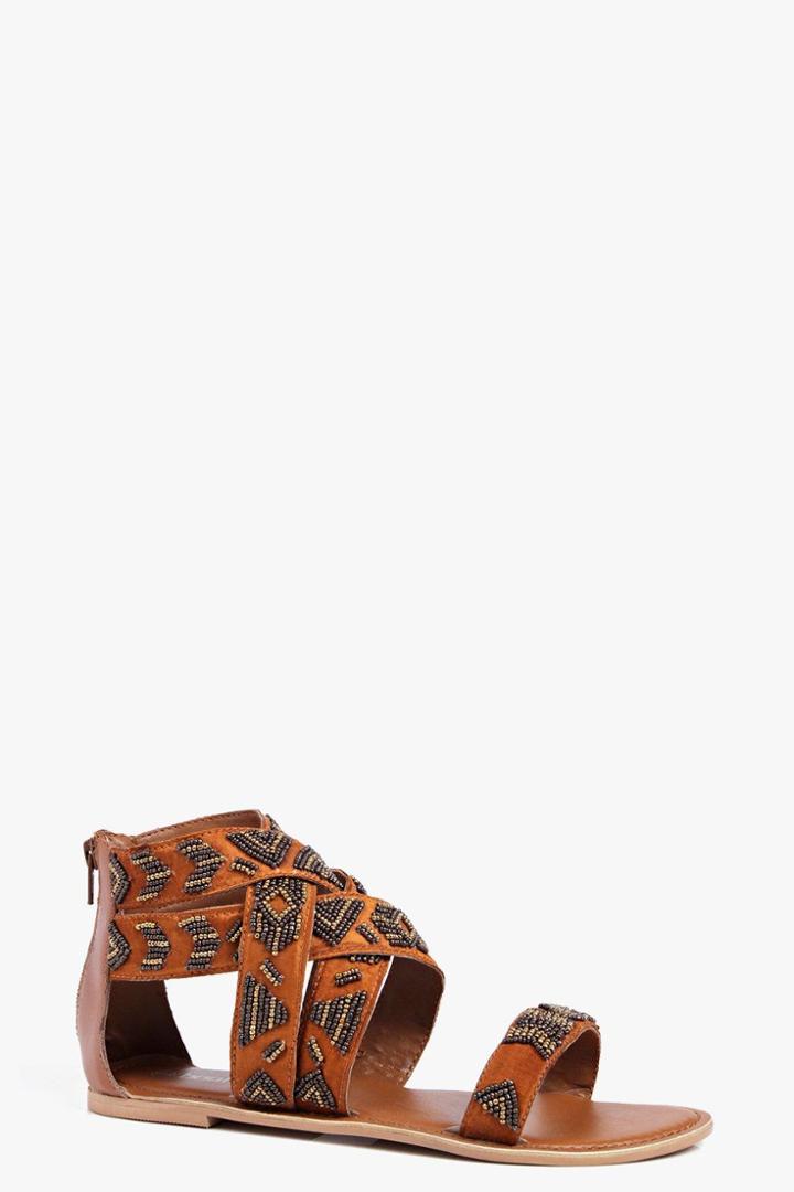 Boohoo Boutique Emma Multi Strap Beaded Sandal Tan