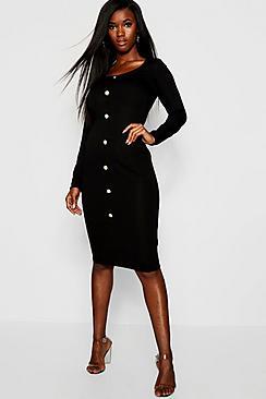 Boohoo Gold Button Knitted Long Sleeved Midi Dress