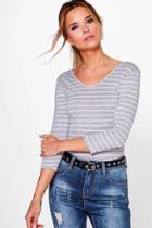 Boohoo Harper Striped 3/4 Sleeve Top White