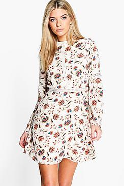 Boohoo Laura High Neck Paisley Skater Dress