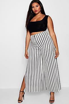 Boohoo Plus Lottie Stripe Ring Pull Wide Leg Trouser