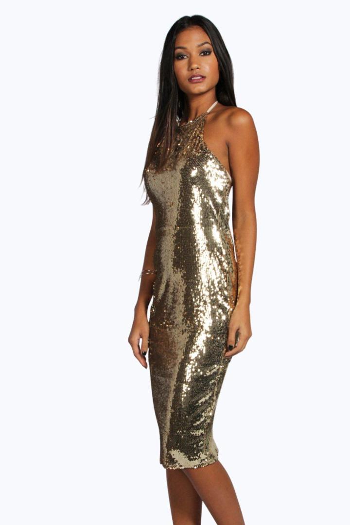 Boohoo Boutique Ari Sequin Open Back Midi Dress Gold