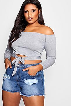 Boohoo Plus Jersey Off The Shoulder Tie Crop Top