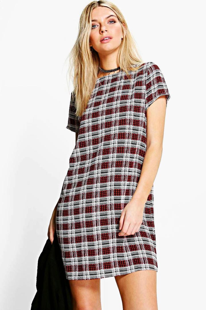 Boohoo Cally Check Cap Sleeved Shift Dress Red