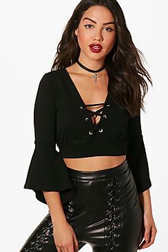 Boohoo Eva Lace Up Flared Sleeve Crop