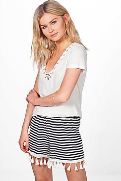 Boohoo Anne Tassel Trim Striped Shorts