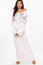Boohoo Mel Off The Shoulder Printed Embroidery Maxi Dress