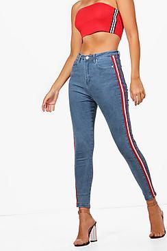 Boohoo Jess High Rise Sports Stripe Skinny Jeans