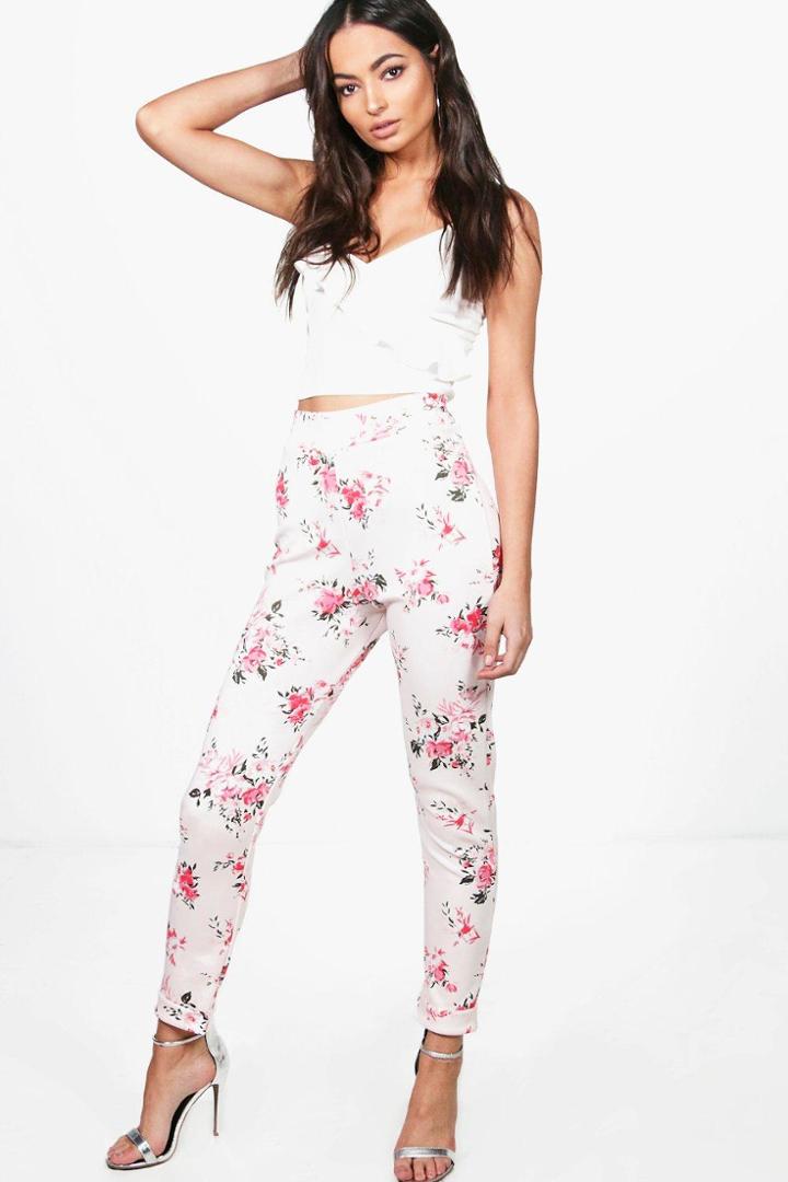 Boohoo Aura Floral Skinny Stretch Trousers Pink