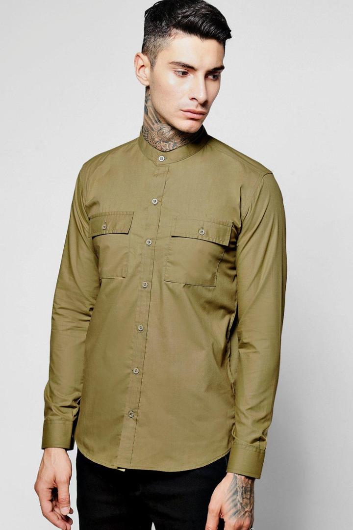 Boohoo Long Sleeve Double Pocket Shirt In Skater Length Khaki
