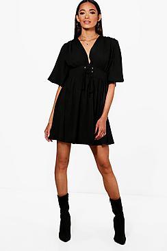 Boohoo Jenny Lace Up Front Angel Sleeve Skater Dress