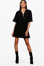 Boohoo Jenny Lace Up Front Angel Sleeve Skater Dress